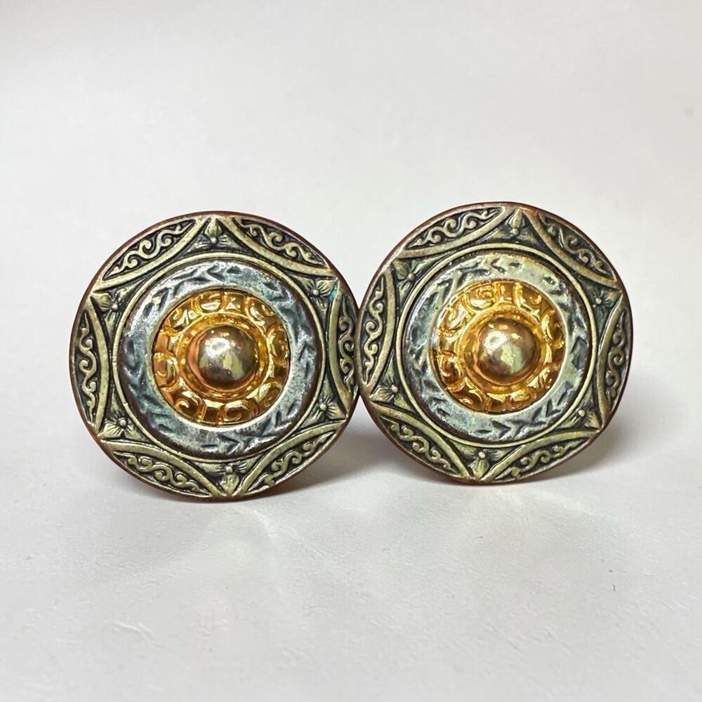 Vintage 80s Two Tone Mixed Metal Button Earrings Chunky Etruscan Revival Pierced